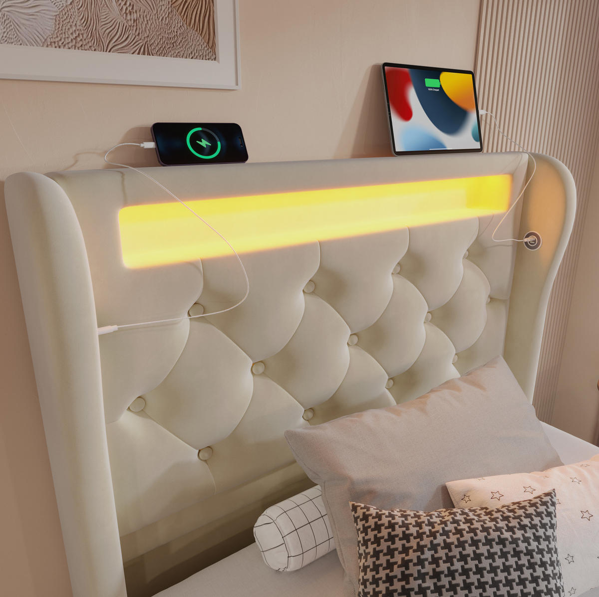 POLSTERBETT 90/200 cm Beige aus Samt mit LED und Stauraum - Beige, Textil (90/200cm) - OKMYHOME