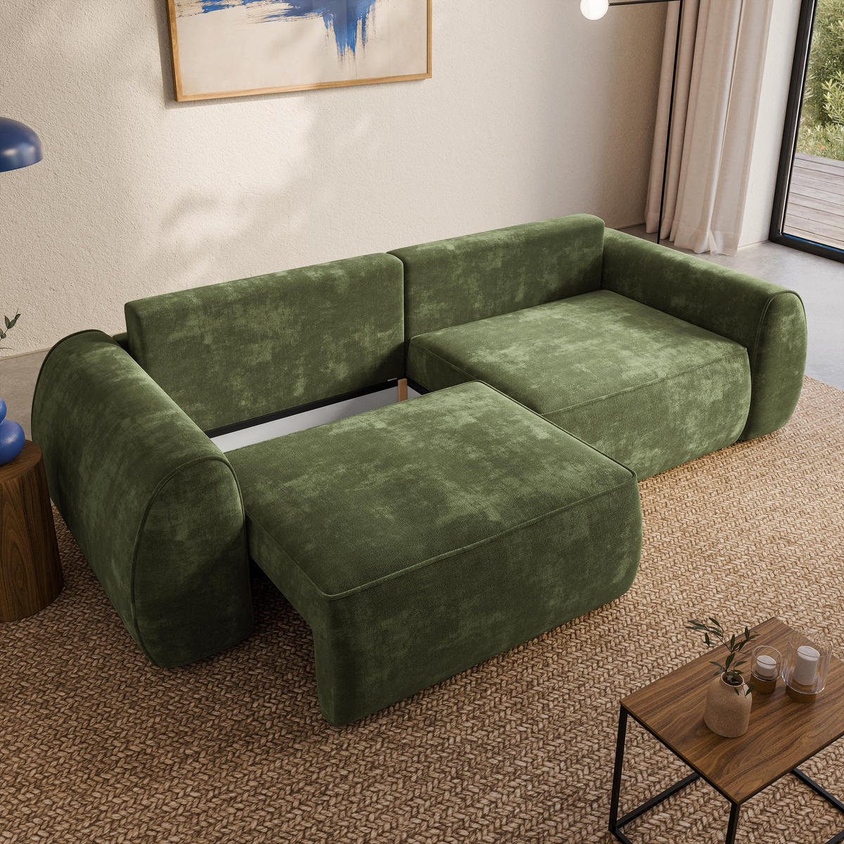 BETTSOFA ZEFEO Grün Chenille-Stoff mit Schlaffunktion - Grün, Textil (264/96/106cm) - MASSENO