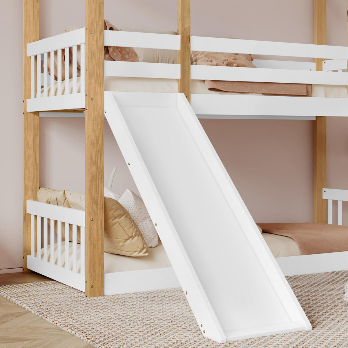 ETAGENBETT 90/200 cm in Weiß & Natur Kinderbett mit Rutsche und Treppe aus Massivholz - Weiß/Naturfarben, Holzwerkstoff (90/200cm) - STILVORA
