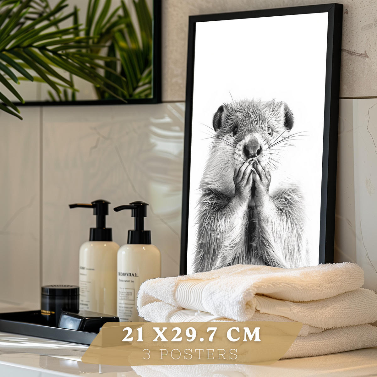 PLAKAT Sada 3 dekorativních nástěnných tisků - koupelnová dekorace se zvířaty. Černobílý PLAKAT a dekorace s bidetem a toaletou. Velikost Černý rám A3 - černá, papír (29.7/42/3cm) - Nacnic