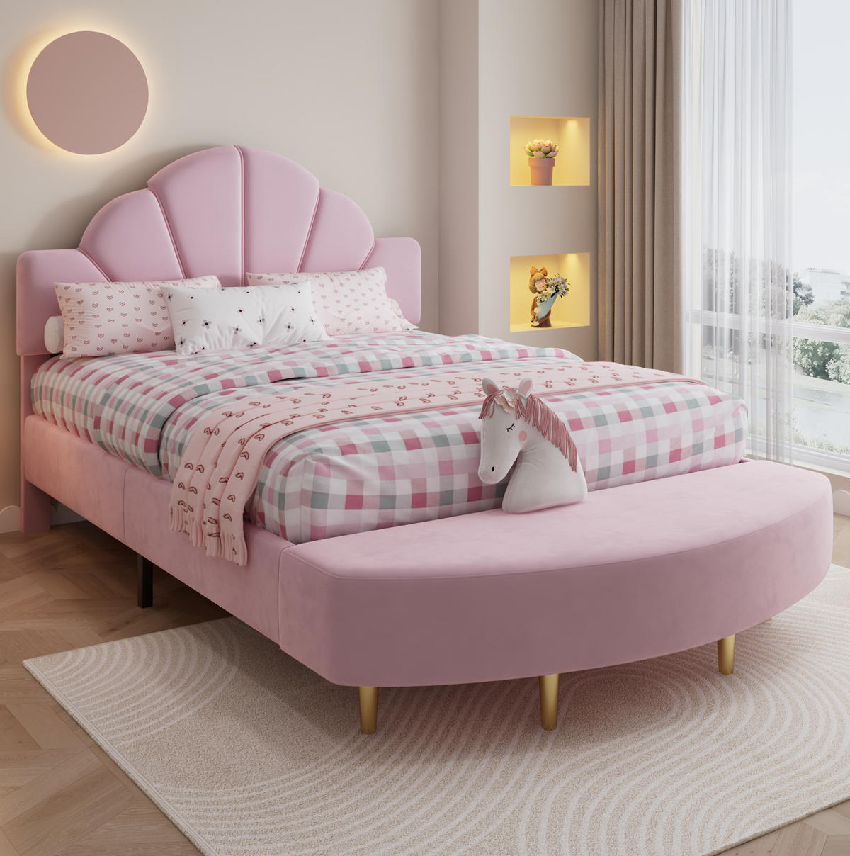 POLSTERBETT 140/200 cm Rosa mit Samtkopfteil und Bettbank - Rosa, Textil (140/200cm) - OKWISH