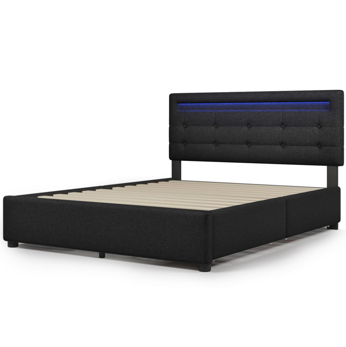 POLSTERBETT 140/200 cm mit LED-Beleuchtung, 4 Schubladen und Matratze - Schwarz, Textil (140/200cm) - BEAOK