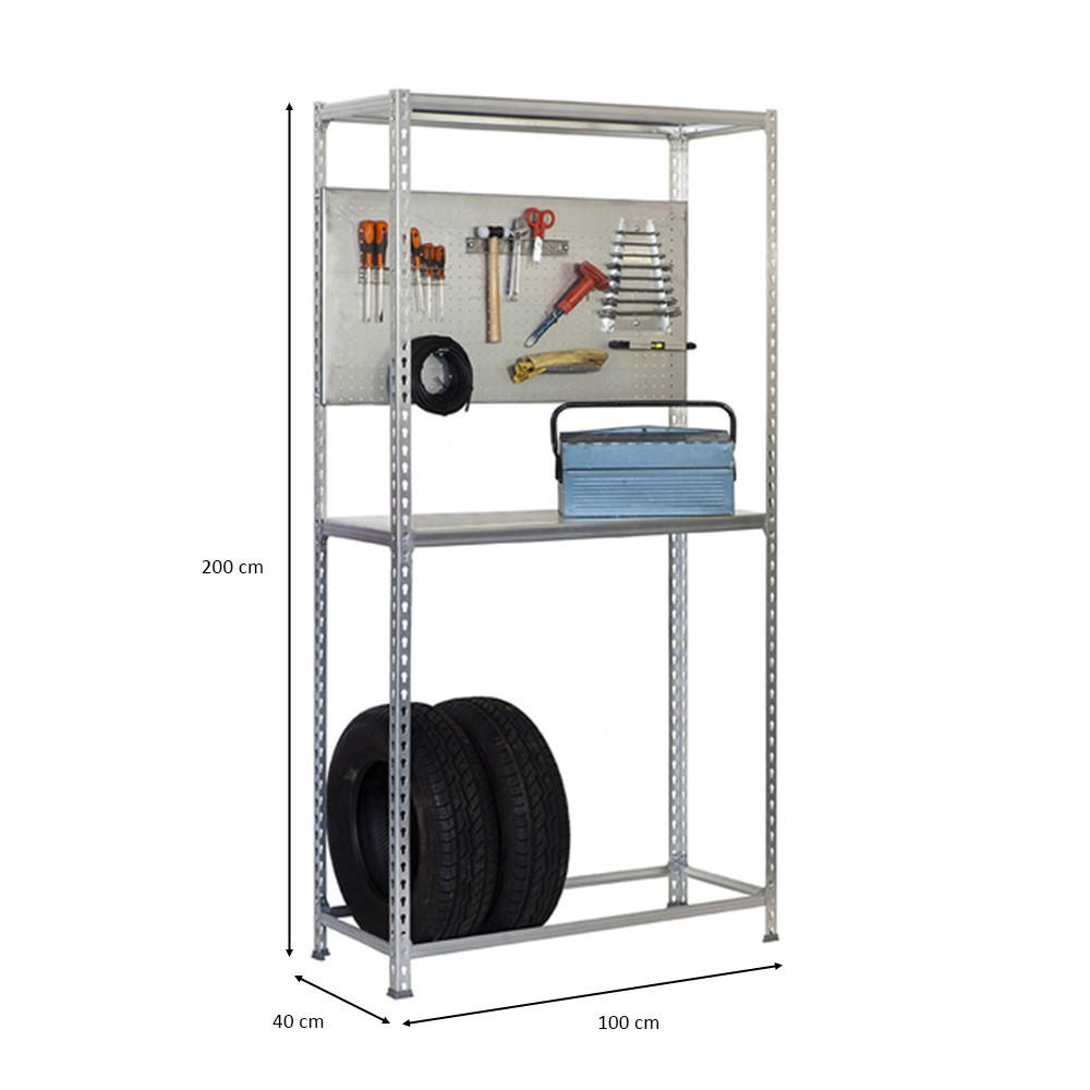 REIFENREGAL mit Arbeitsfläche Metal Shark NO.4 HxBxT 200 x 100 x 40 cm 6 Reifen Verzinkt - Silberfarben, Metall (100/200/40cm) - PROREGAL