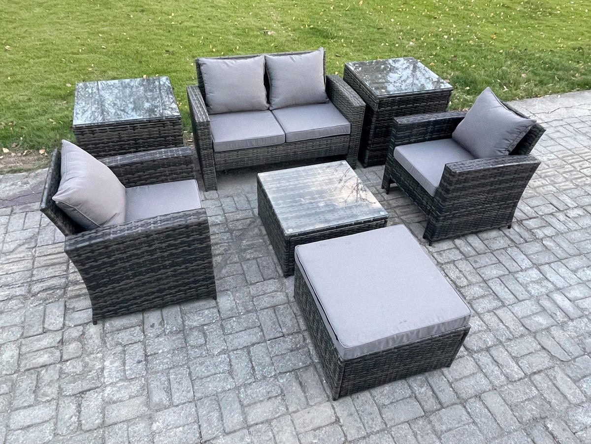 GARTENSOFA Hohe Rückenlehne Polyrattan Dunkelgrau 5-Sitzer - Dunkelgrau, Metall - Fimous