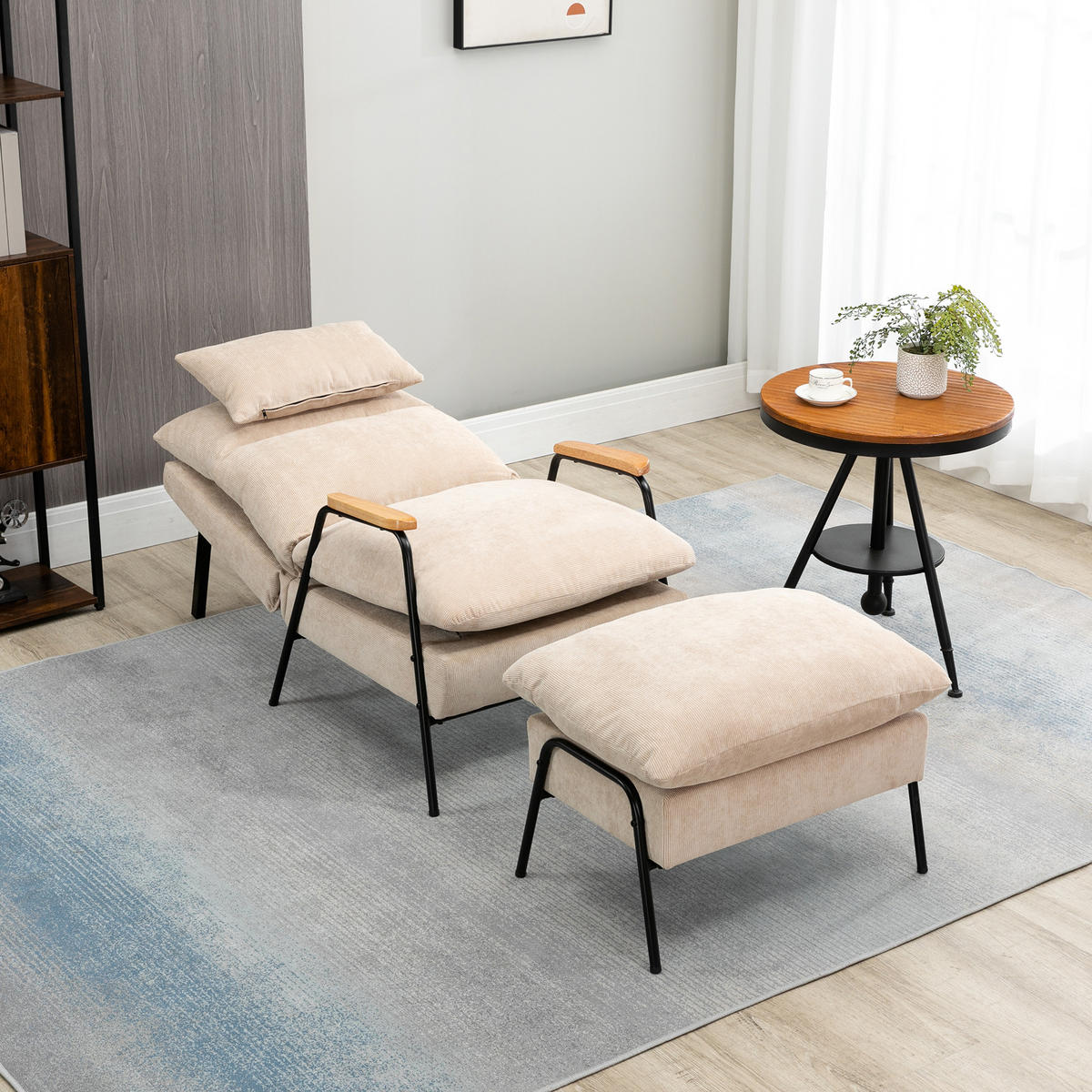RELAXSESSEL mit Hocker Sessel mit Verstellbar Rückenlehne, Kissen für Wohnzimmer - Beige, Kunststoff (68/88/91.5cm) - HOMCOM