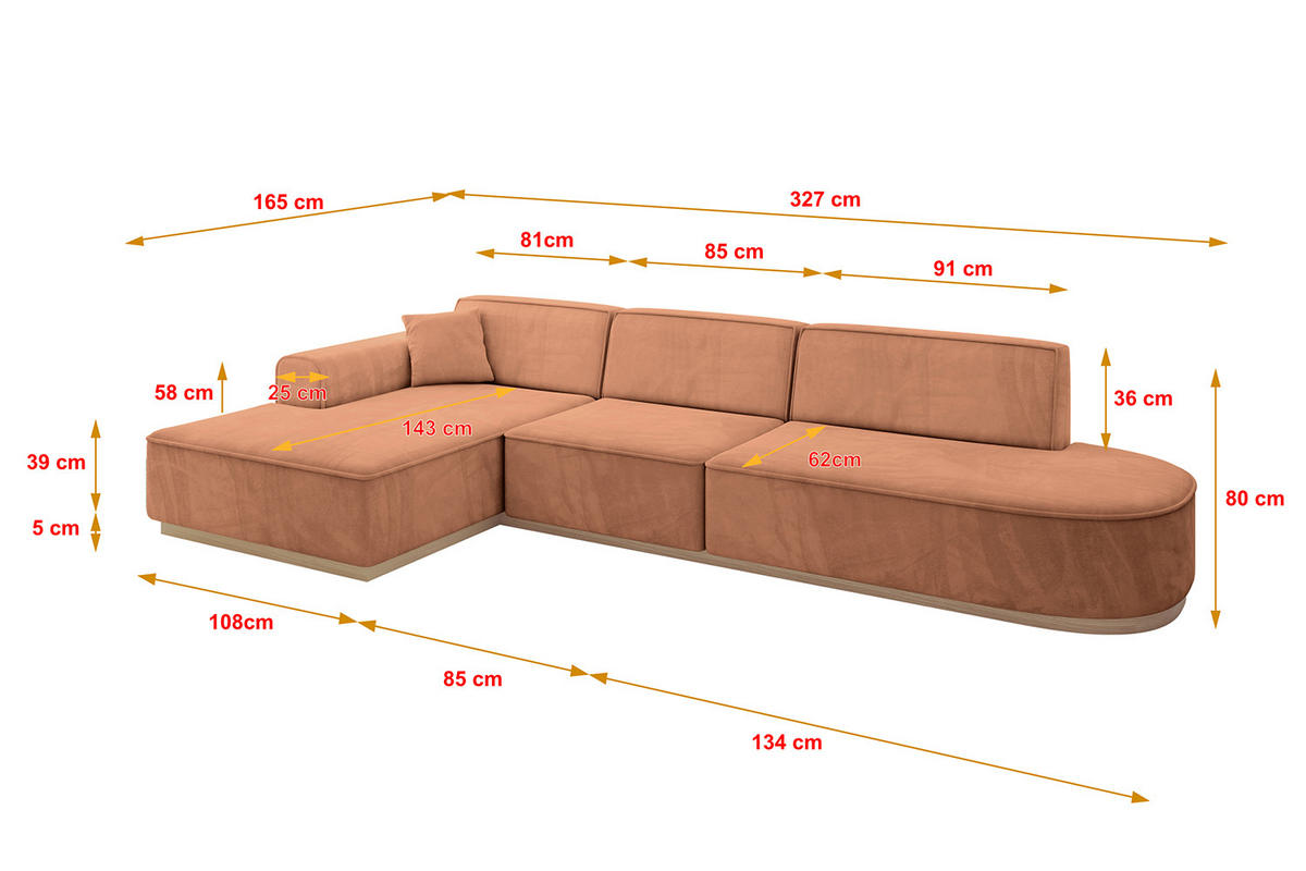 ROHOVÁ SEDAČKA s otomanem, levá IREA-L2 327x165x80 Meruňková Velur - černá/korálová, kompozitní dřevo/textil (328/171cm) - ALTDECOR