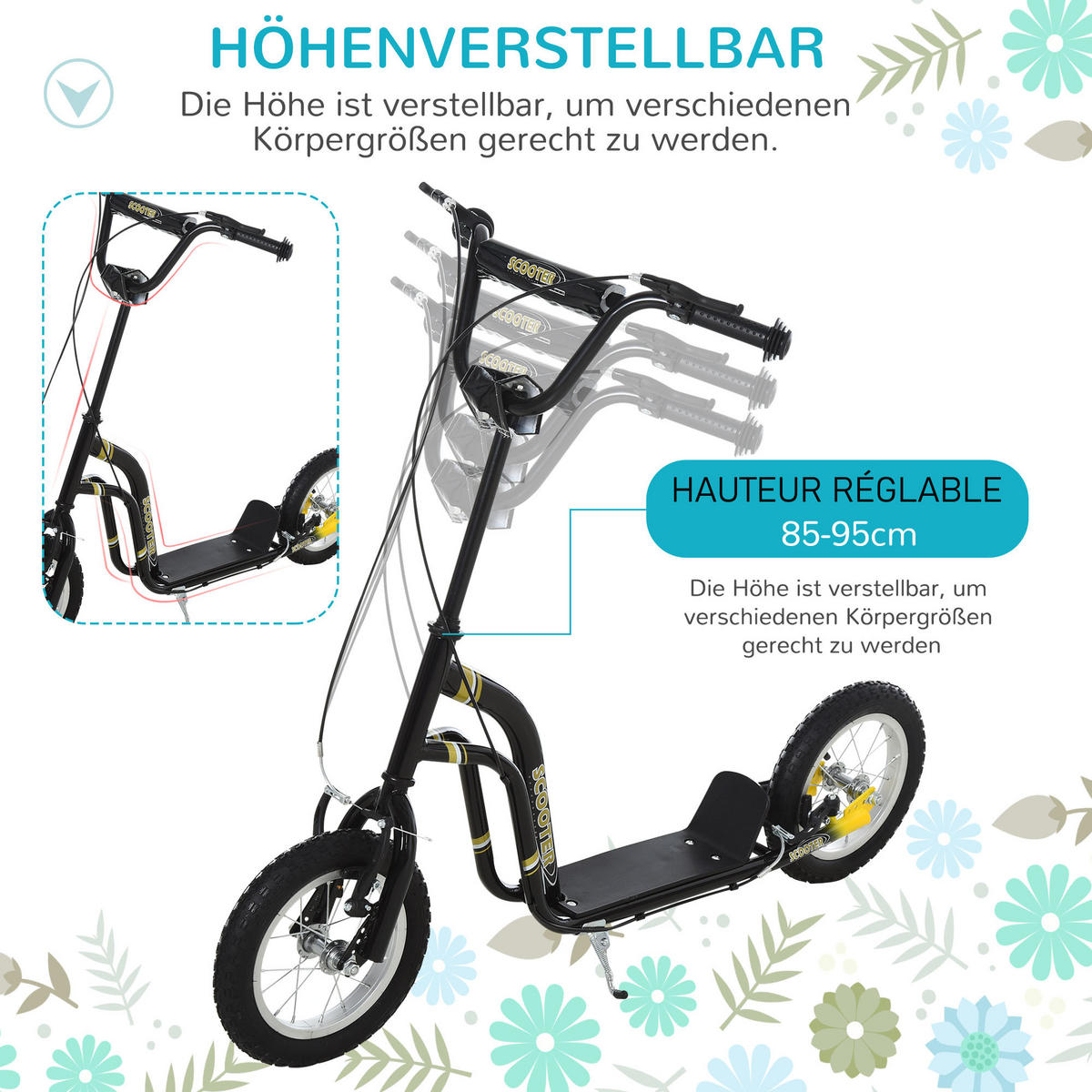 KINDERROLLER, Beige/Schwarz/Weiß, Stahl+ Aluminium - Schwarz, Metall (120/58/95cm) - HOMCOM