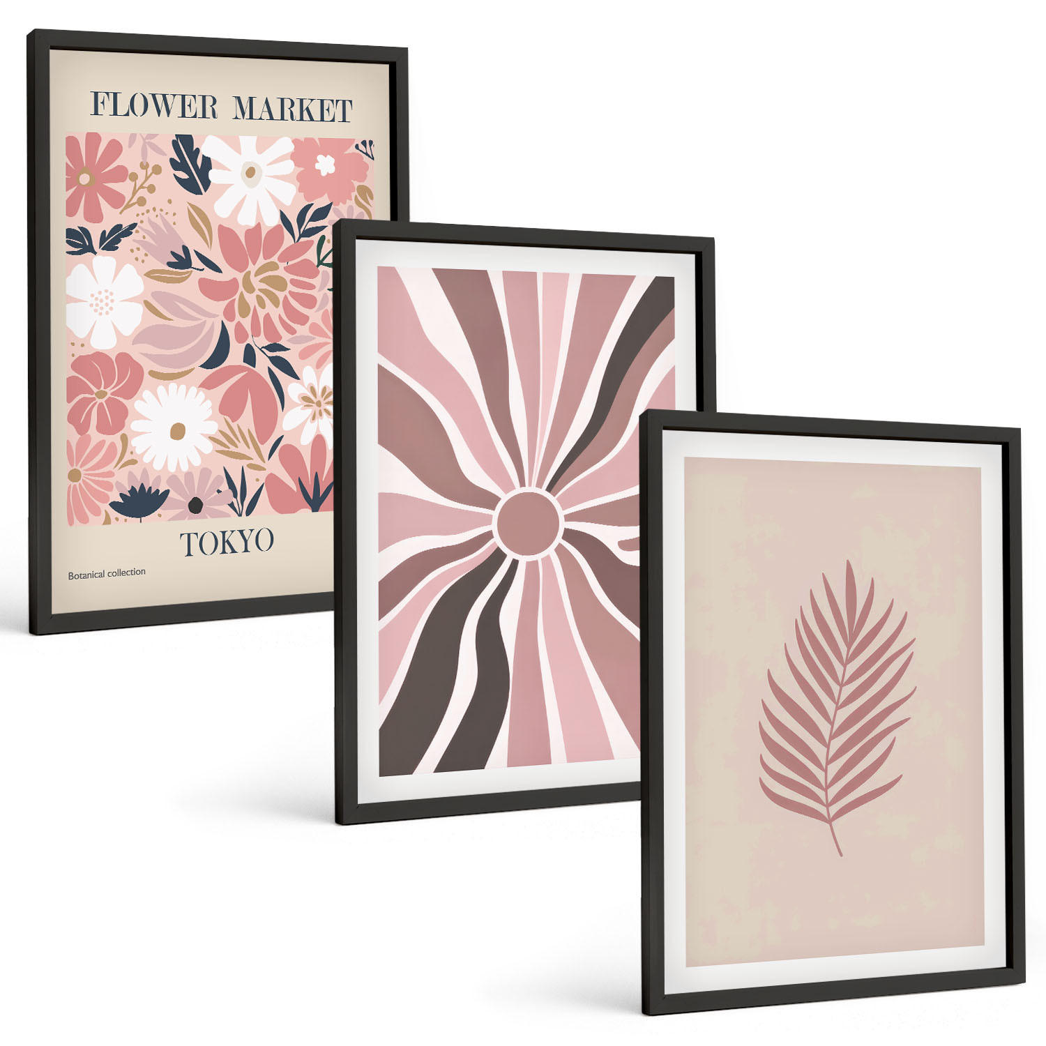 BILDER SET 3er Set - 40x60 cm Schwarzer Rahmen - Florale Blattmuster und Geometrie - Schwarz, Kunststoff (40/60cm) - TULUP