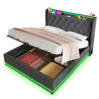 BETT mit Stauraum und LED 140x200 cm Leinen Grau - Grau, Metall (140/200cm) - Meubliv