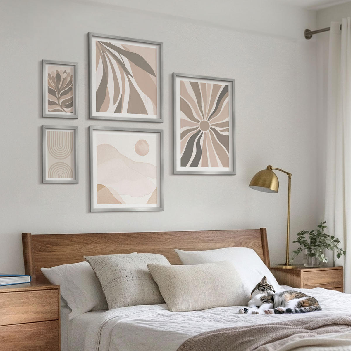 BILDER SET 5er Set - 50x50 cm & 20x30 cm & 40x60 cm Silberner Rahmen - Abstrakte Pflanzenmuster - Silberfarben, Kunststoff (40/60cm) - TULUP