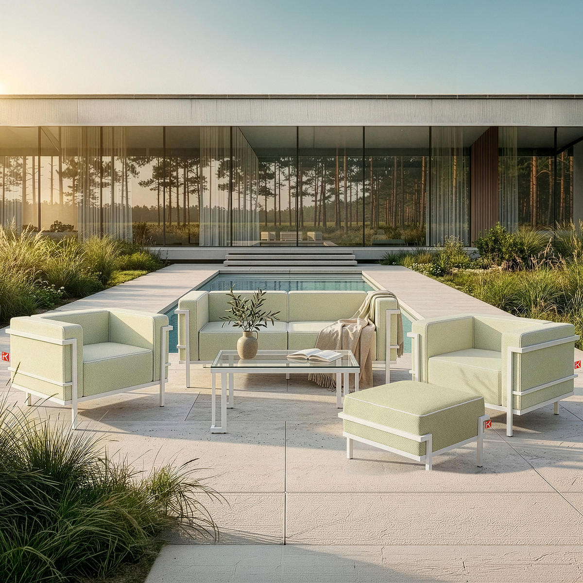 GARTENLOUNGE-HOCKER TRIGLO auf Metallfüßen, Modern, Weiß - Weiß/Hellgrün, Textil/Metall (69/44/54cm) - KONSIMO®