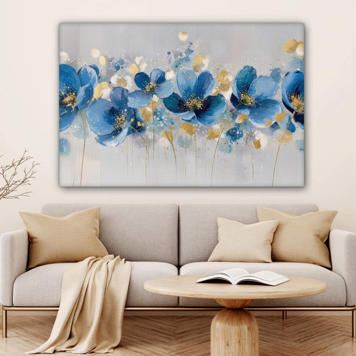 LEINWANDBILD Blumen - Blau - Abstrakt Groß 140x90 cm - Hellgrau, Textil (140/90cm) - MuchoWow