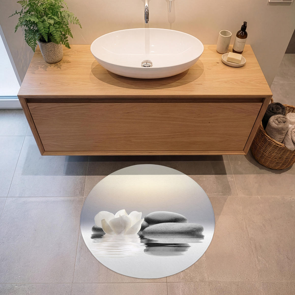 KOUPELNOVÁ PŘEDLOŽKA Kameny - Lotos - Bílý - Voda - Zen 70x70 cm - bílá, textil/plast (70/70cm) - OnlyWow
