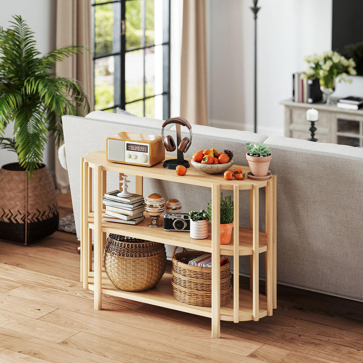 OVALER Couchtisch mit 3 Ablagen – Wohnzimmertisch in Holzoptik, MDF, 114 × 38 × 75 cm, Natur - Naturfarben, Holzwerkstoff (114/38/75cm) - Ej. Life