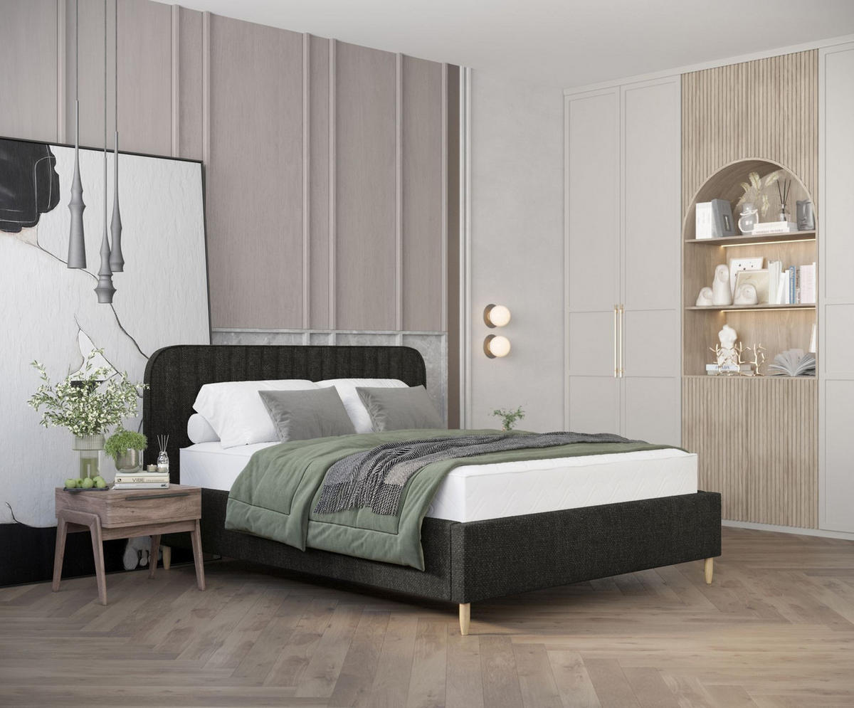 POLSTERBETT Noto Schwarz 120/200 cm im Chenille-Stoff - Schwarz/Naturfarben, Holz/Holzwerkstoff (120/200cm) - Maison de Reve