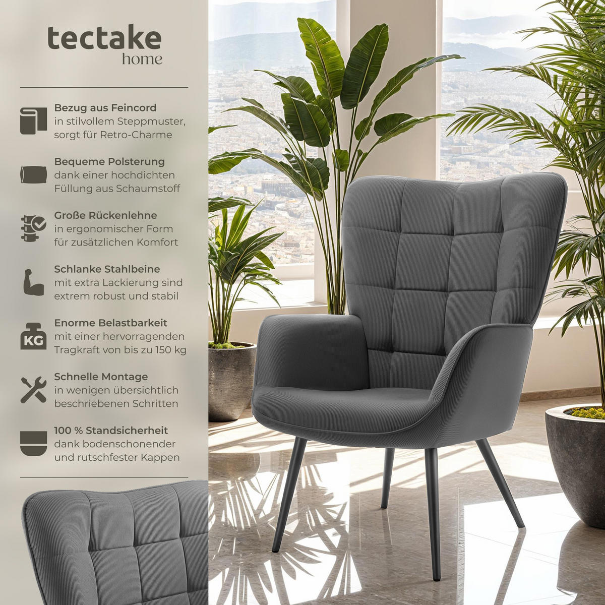 SESSEL Hygge,72 x 76 x 100,5 cm,Feincord anthrazit/schwarz - Anthrazit/Schwarz, Kunststoff (72/100.5/76cm) - tectake