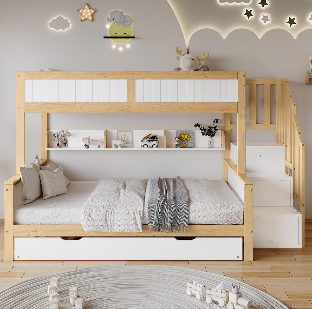 ETAGENBETT 90/200&120/200 cm aus Kiefer+MDF mit Rollbett, Weiß - Naturfarben, Holz (90/200cm) - OKMYHOME