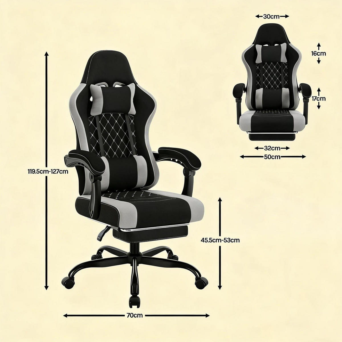 BÜROSTUHL ergonomisch mit Massagefunktion 70 x 70 x 127 cm Black + Gray - Schwarz, Metall (70/127/70.1cm) - Meubliv