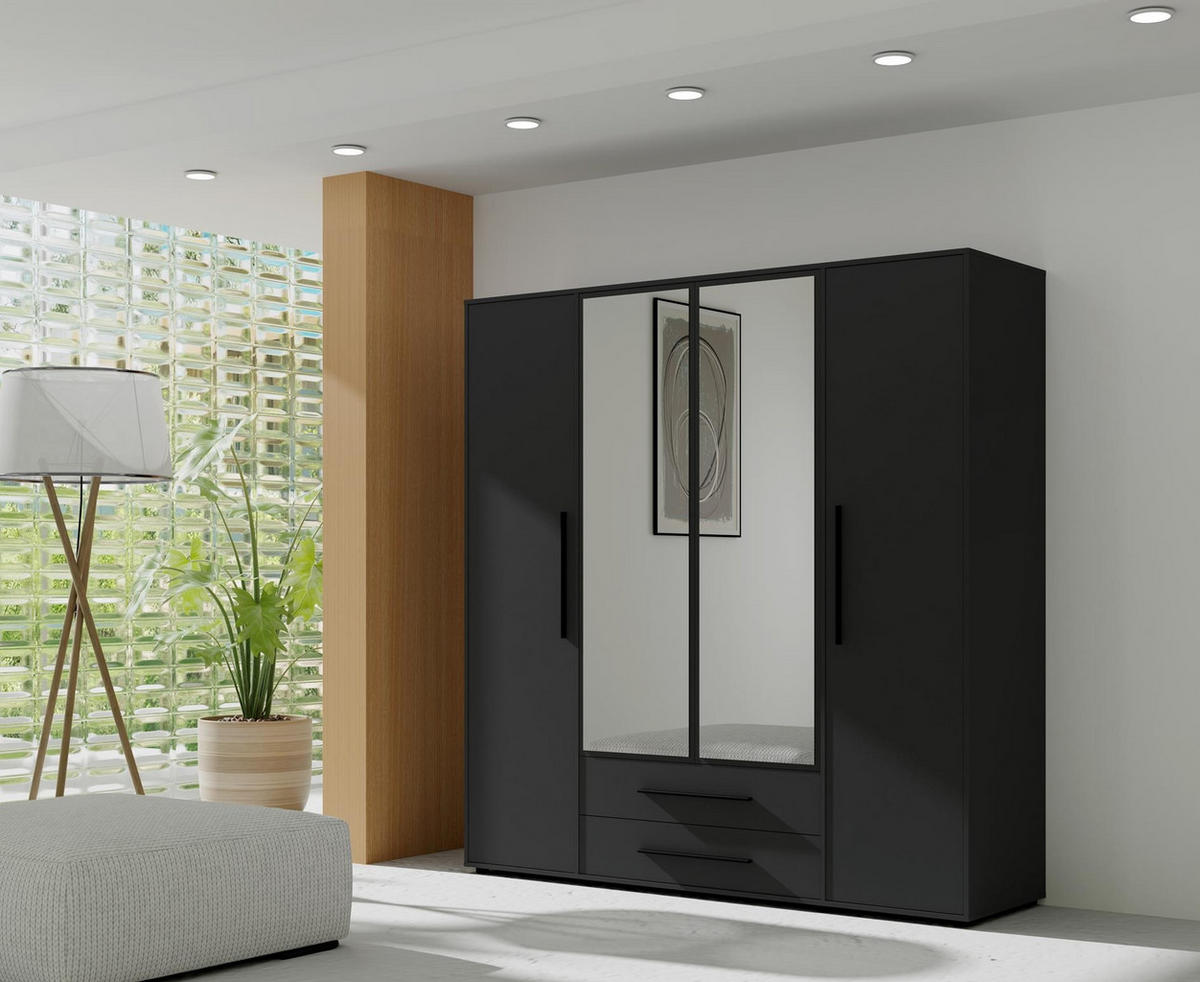 KLEIDERSCHRANK Maxivo Schwarz, viertüriger Kippschrank mit Schubladen und Spiegel - Schwarz, Holzwerkstoff (198/206/59cm) - Bettso