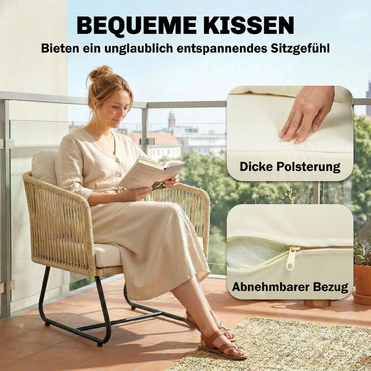 RATTAN-SITZGRUPPE 3er Set PP-Rattan Stahl Cremeweiß - Beige/Creme, Textil/Metall - Outsunny