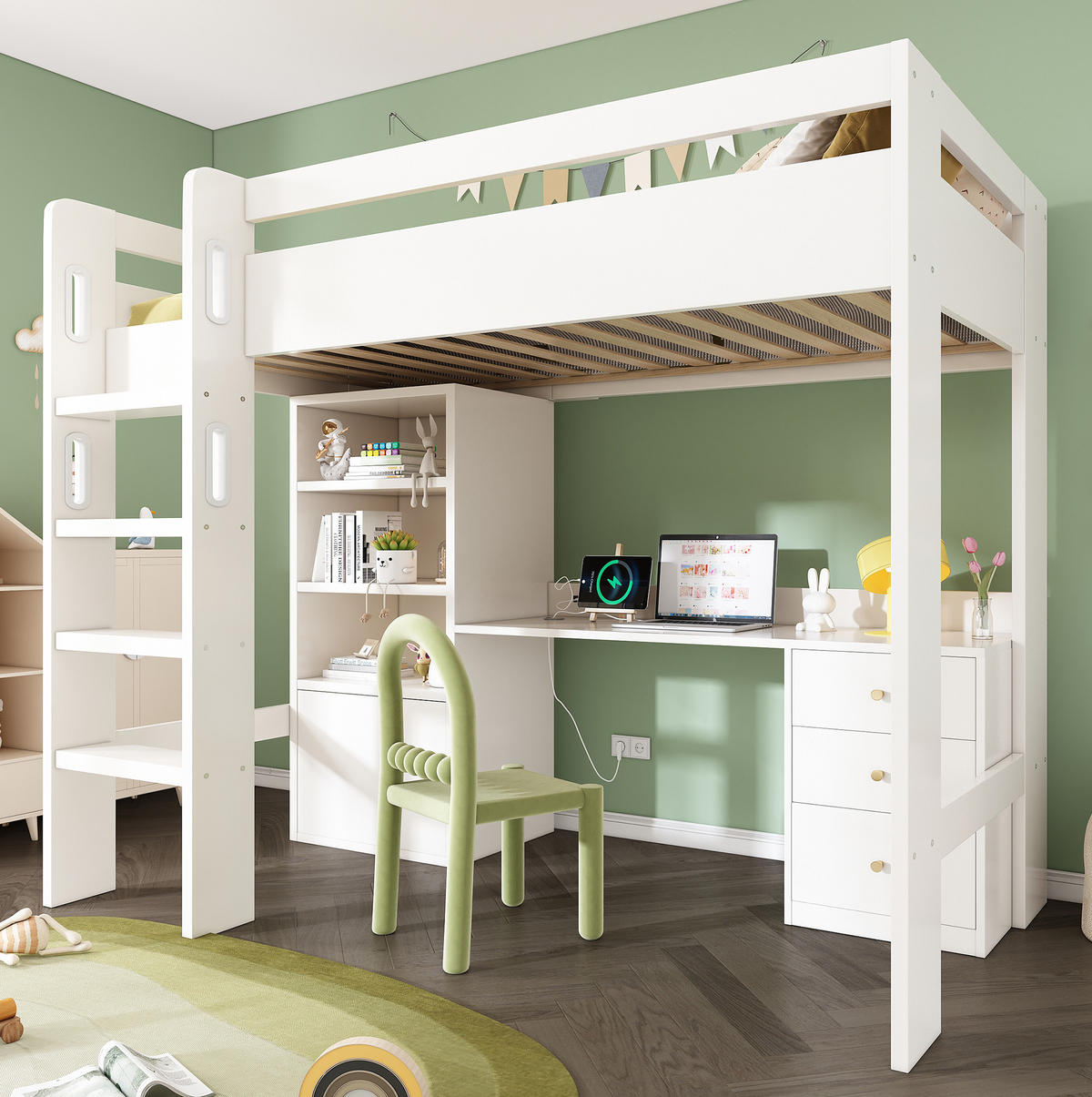 HOCHBETT 90/200 cm in Weiß mit Schreibtisch, Stauraum und USB- und Type-C-Anschlüssen - Weiß, Holzwerkstoff (90/200cm) - Flora Grace