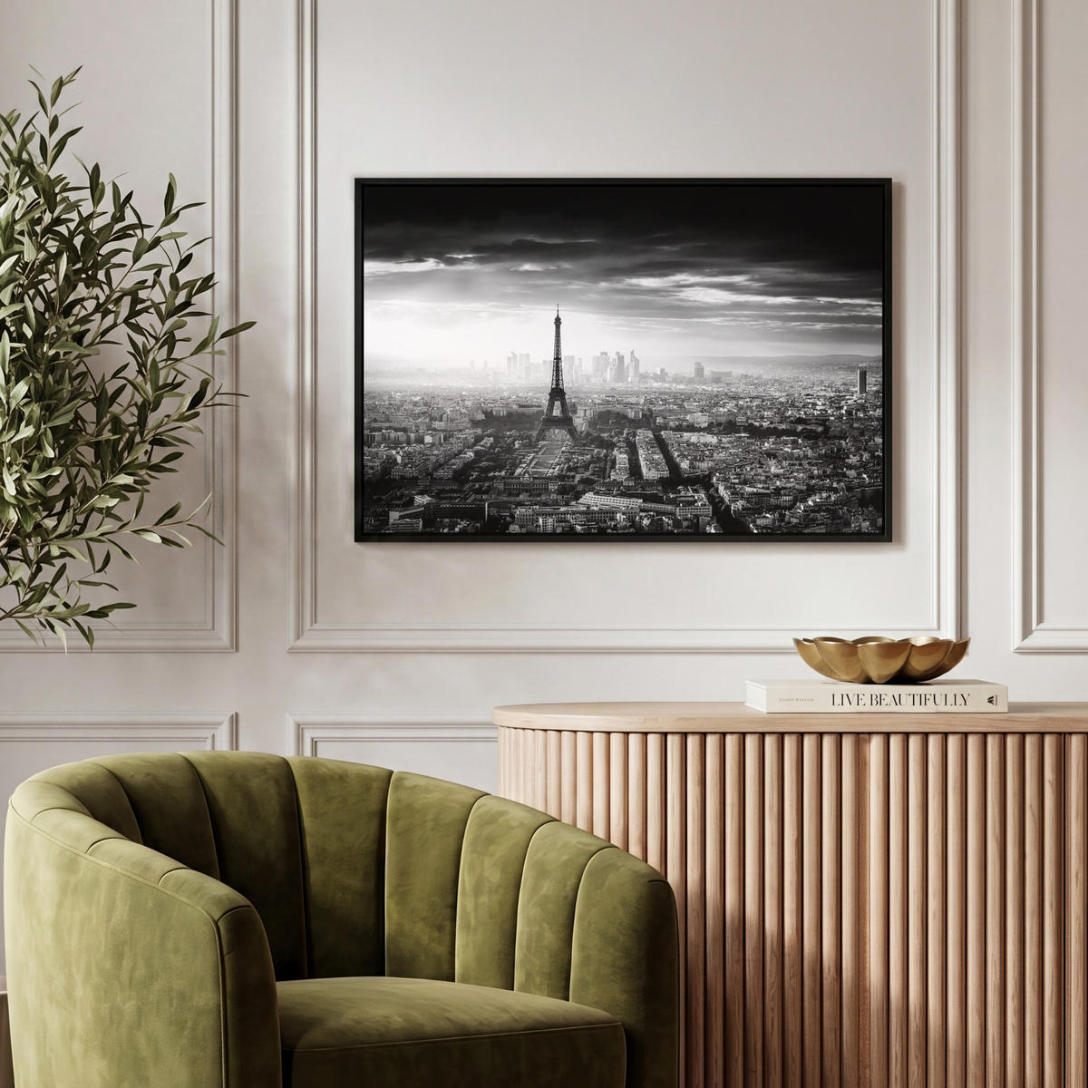 LEINWAND Bilder mit Rahmen - Paris - Skyline - Eiffelturm - Stadt - Wolken - 60x40 - Dunkelgrau, Textil (60/40cm) - MuchoWow