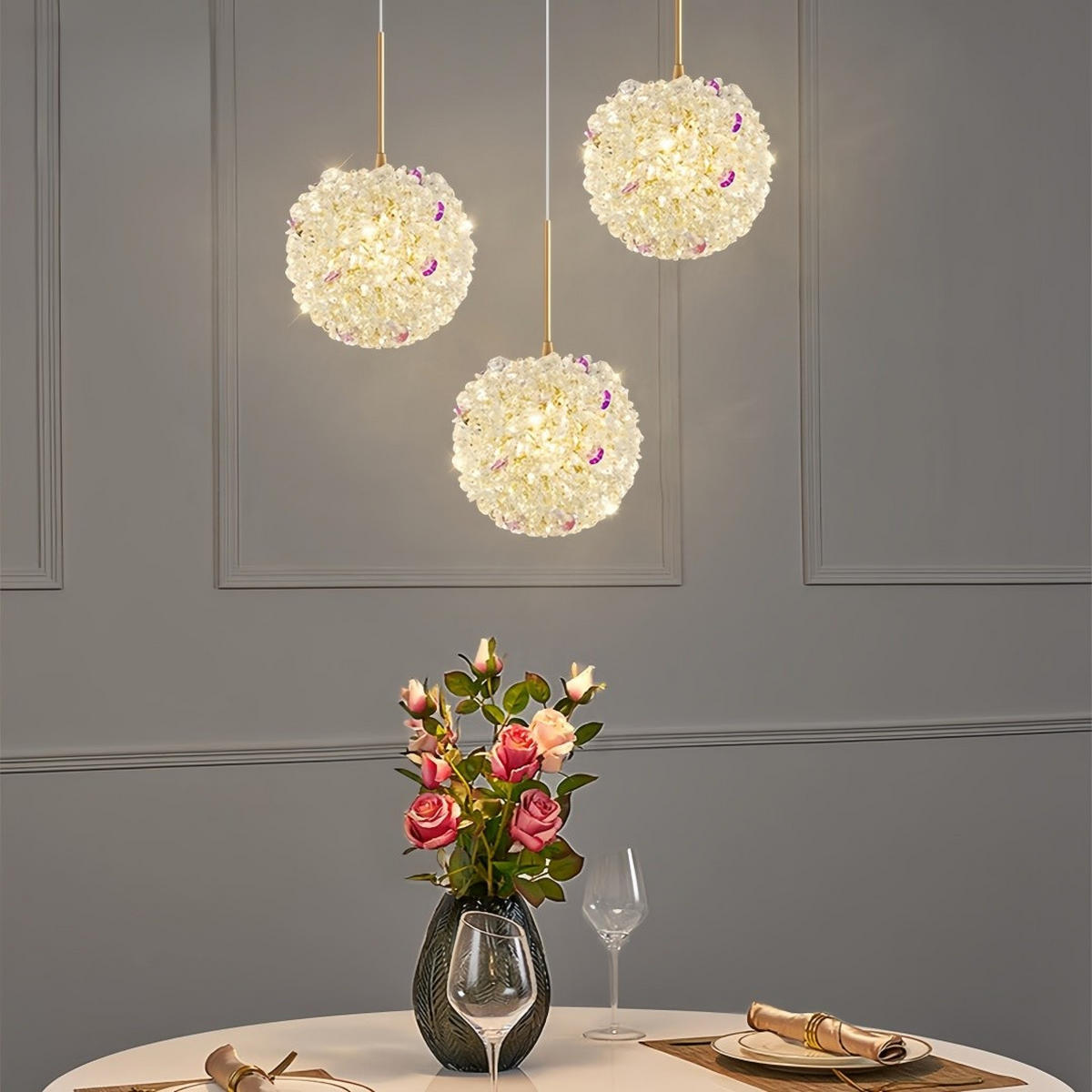 PENDELLEUCHTE Hortensie Kristall Kugel, höhenverstellbar Esszimmer Wohnzimmer - Platinfarben, Naturmaterialien (12/12/12cm) - Weltevree