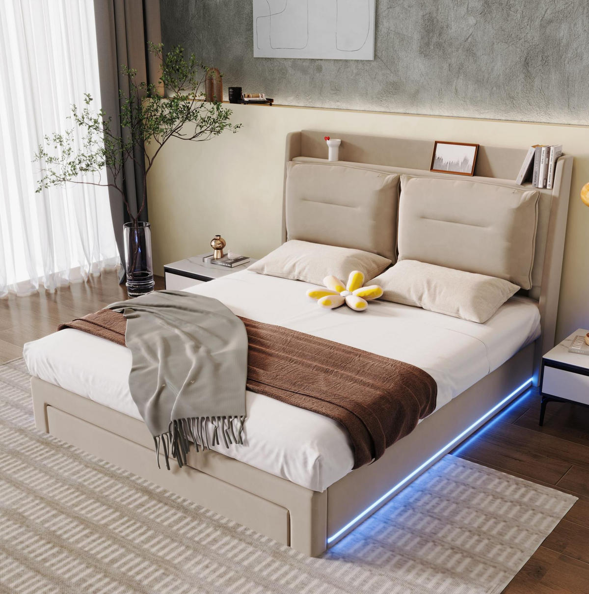 POLSTERBETT aus Samt 180x200 cm in Beige mit LED-Beleuchtung & Stauraum - Beige, Textil (180/200cm) - Modfu