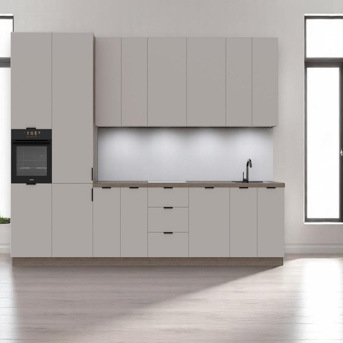 KÜCHENZEILE 400 cm –Sorento K73-M400 - in Beige / Matt - Beige/Schwarz, Holz/Holzwerkstoff (400/247/58cm)
