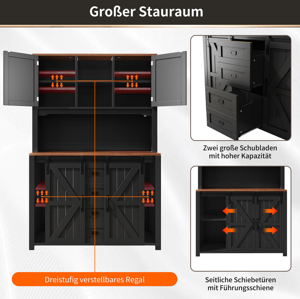 BUFFET 115/40/174,7 cm in Schwarz mit LED-Beleuchtung und Schiebetüren - Schwarz, Holzwerkstoff (115/174.7/40cm) - Flora Grace