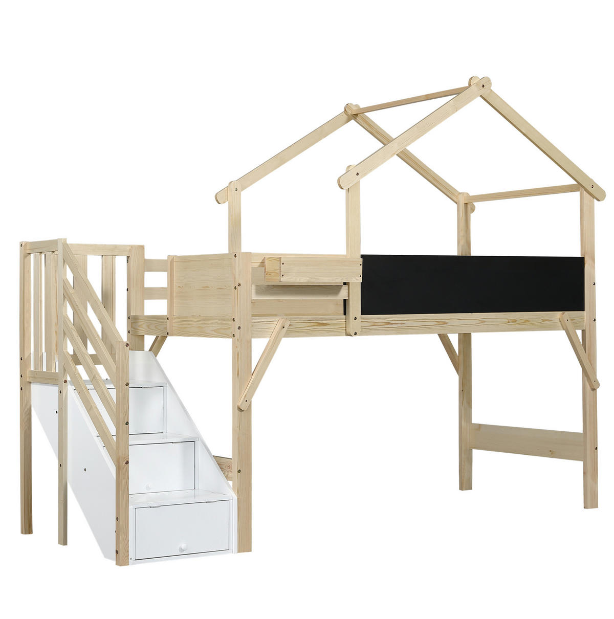 ETAGENBETT 90/200 cm in Weiß/Natur mit Tafel, Stauraumtreppe und Dachdesign - Weiß, Holzwerkstoff (90/200cm) - OKMYHOME