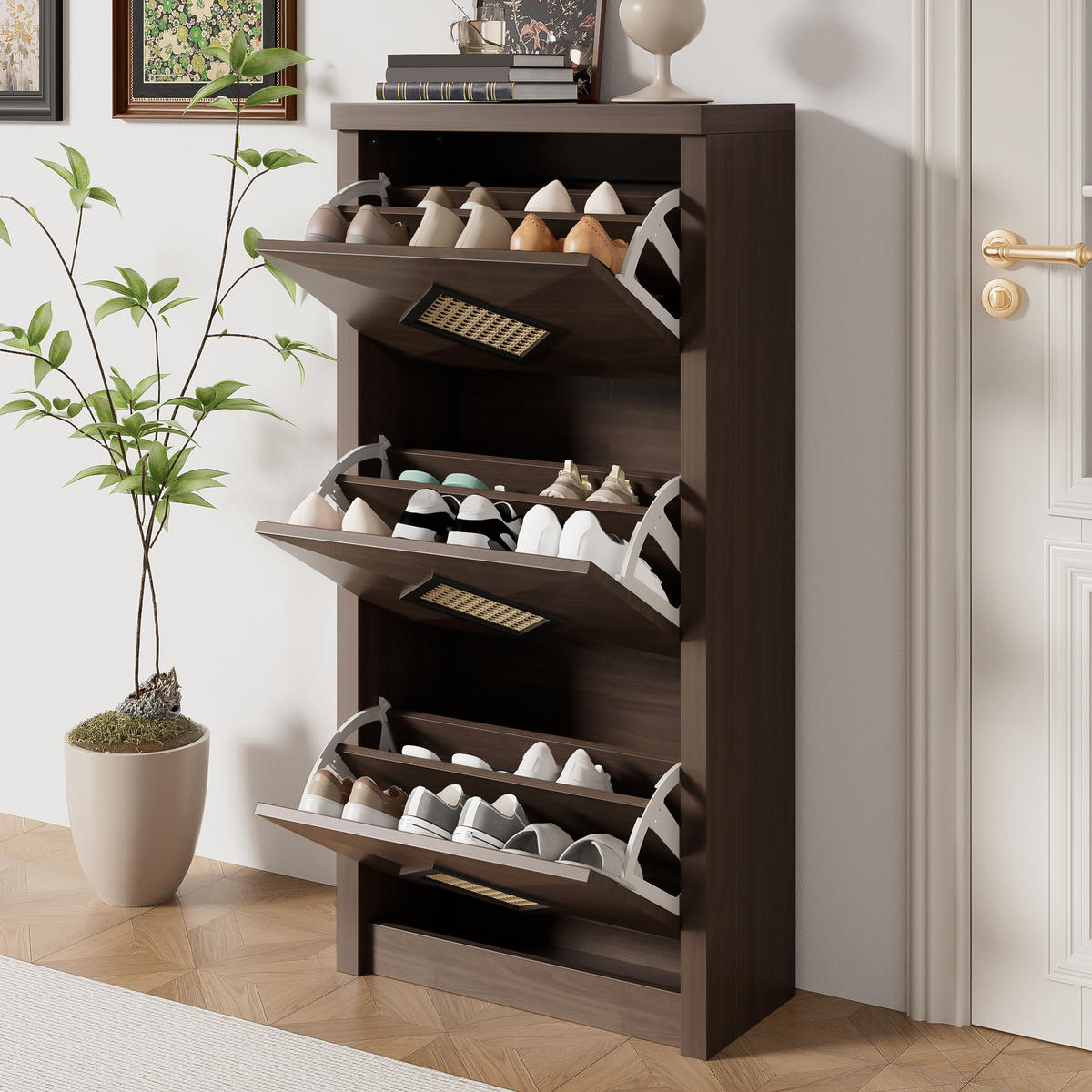 SCHUHSCHRANK 54x25x115 Rattan Dekor 3 Klappfächer Holzoptik - Naturfarben, Holzwerkstoff (25/115/54cm) - FLIEKS