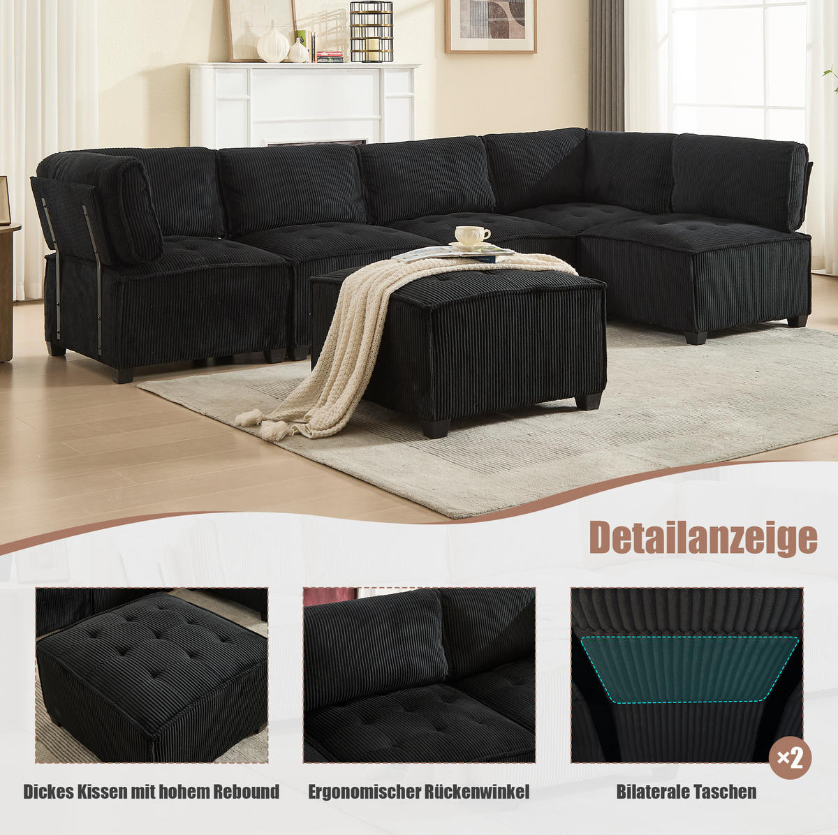 WOHNLANDSCHAFT Cord mit Seitentaschen 308/154/82 cm Schwarz - Schwarz, Kunststoff/Textil (154/82/308cm) - Redom