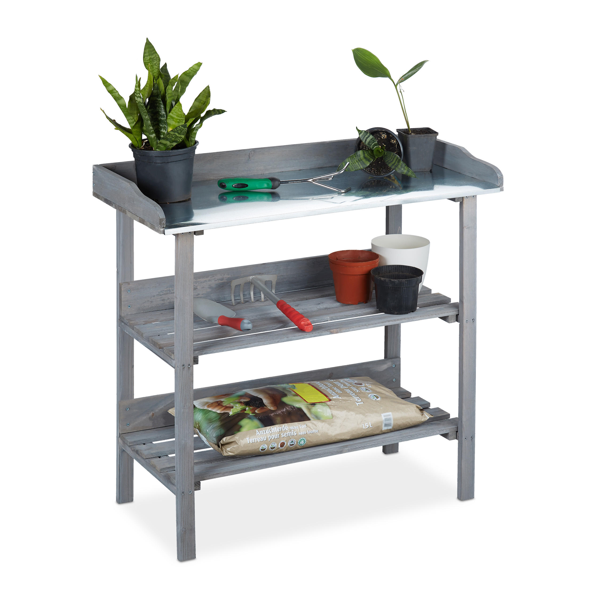PFLANZTISCH - Grau, Holz/Metall (42/92/86cm) - Relaxdays