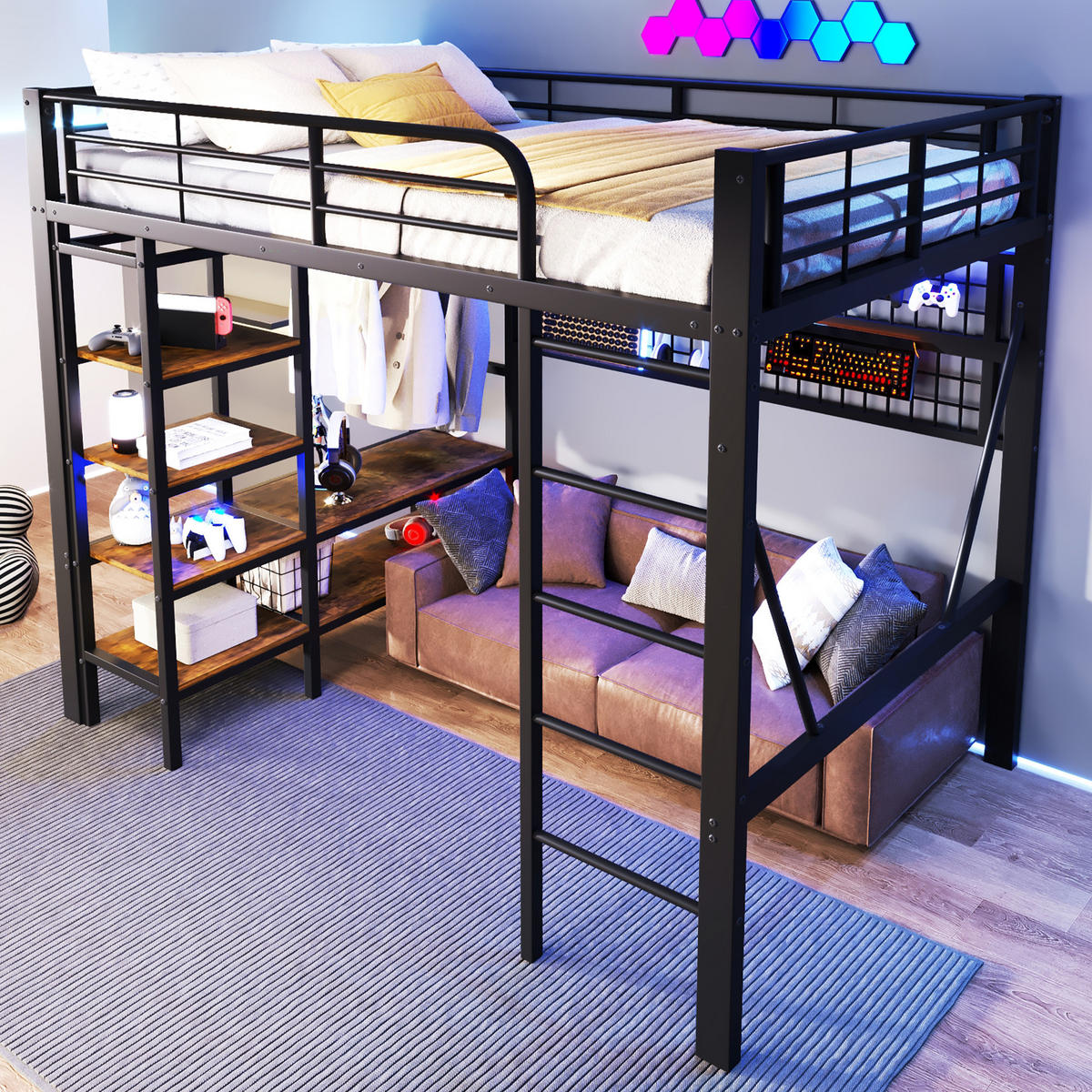 HOCHBETT 140/200 cm schwarz aus Metall mit App-steuerbarer LED und Stauraum - Schwarz, Metall (140/200cm) - OKWISH