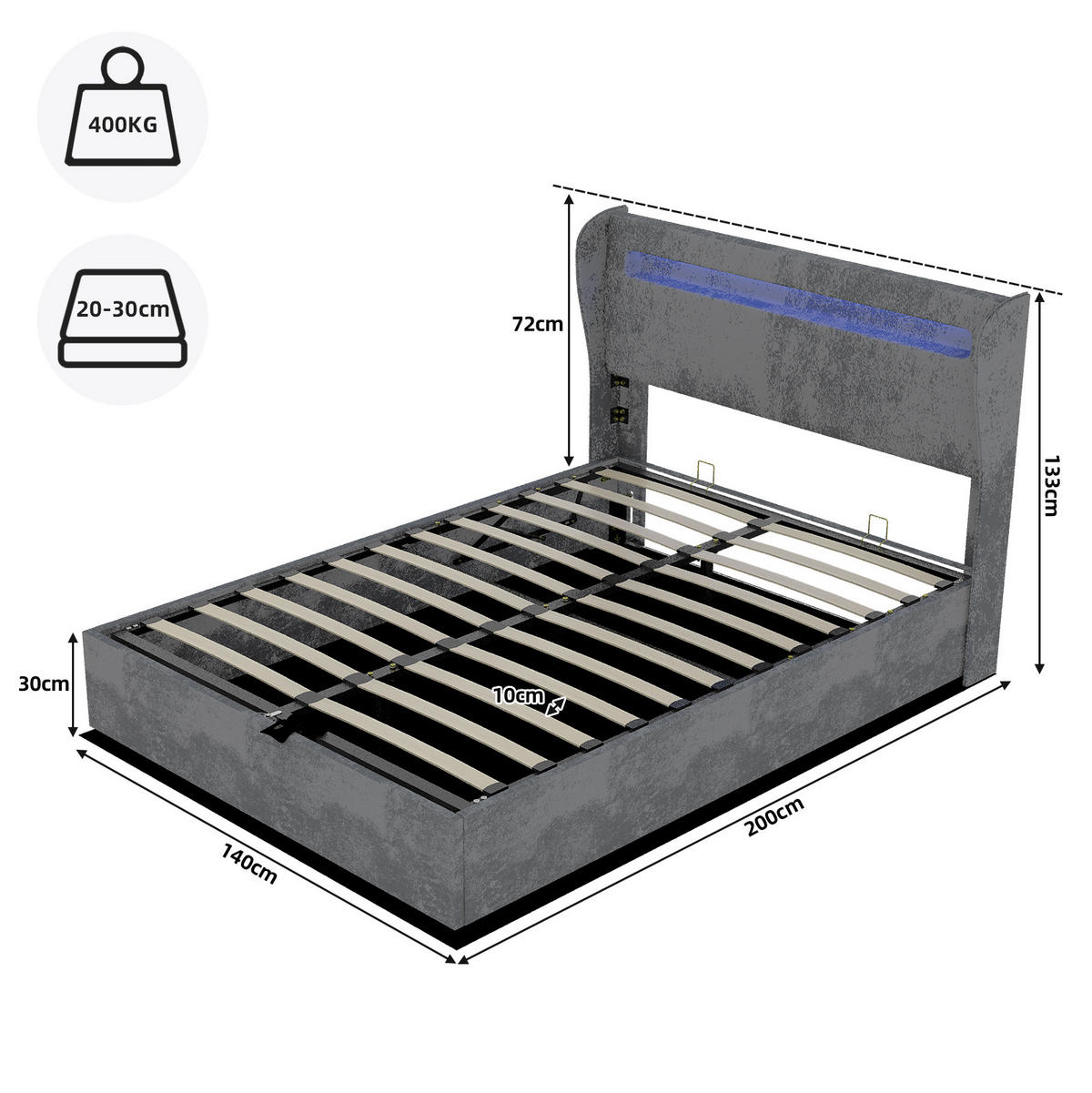 POLSTERBETT 140/200 cm grau aus Stoff und Metall mit LED und verstellbarem Kopfteil - Grau, Textil (140/200cm) - OKWISH