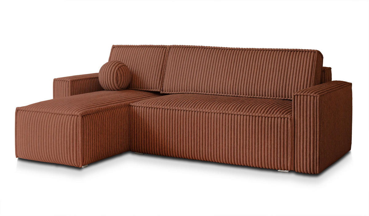 ECKSOFA RAVELO T Braun Kordstoff mit Schlaffunktion - Braun, Holz (240/140cm) - MASSENO