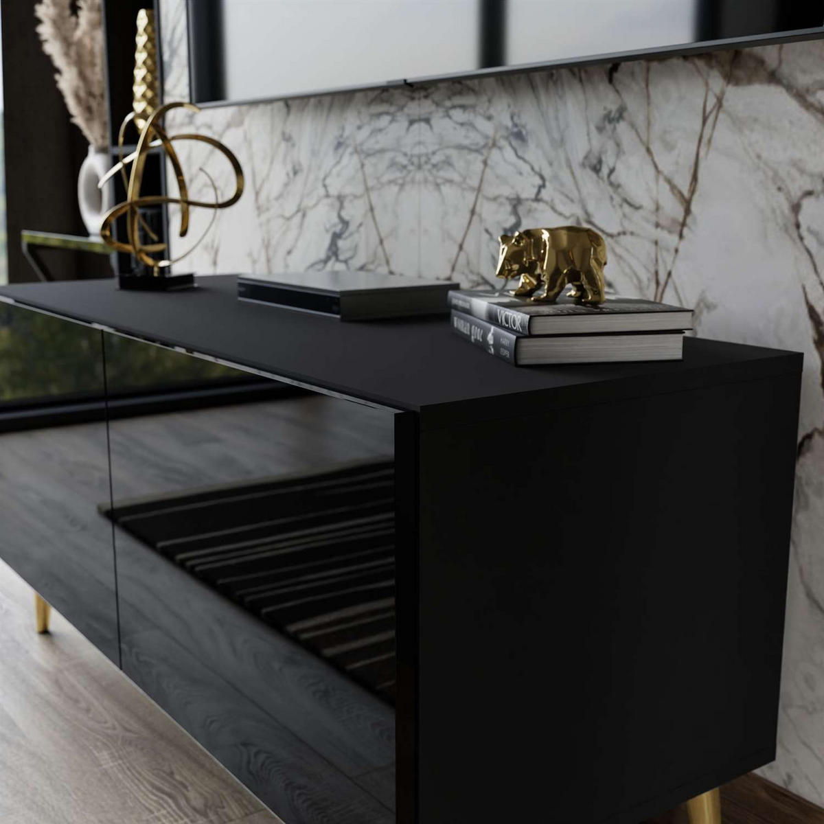 TV-ELEMENT AURA 100 Schwarz Hochglanz – Beinfarbe: Gold - Schwarz, Holzwerkstoff (100/49/40cm) - Lookway