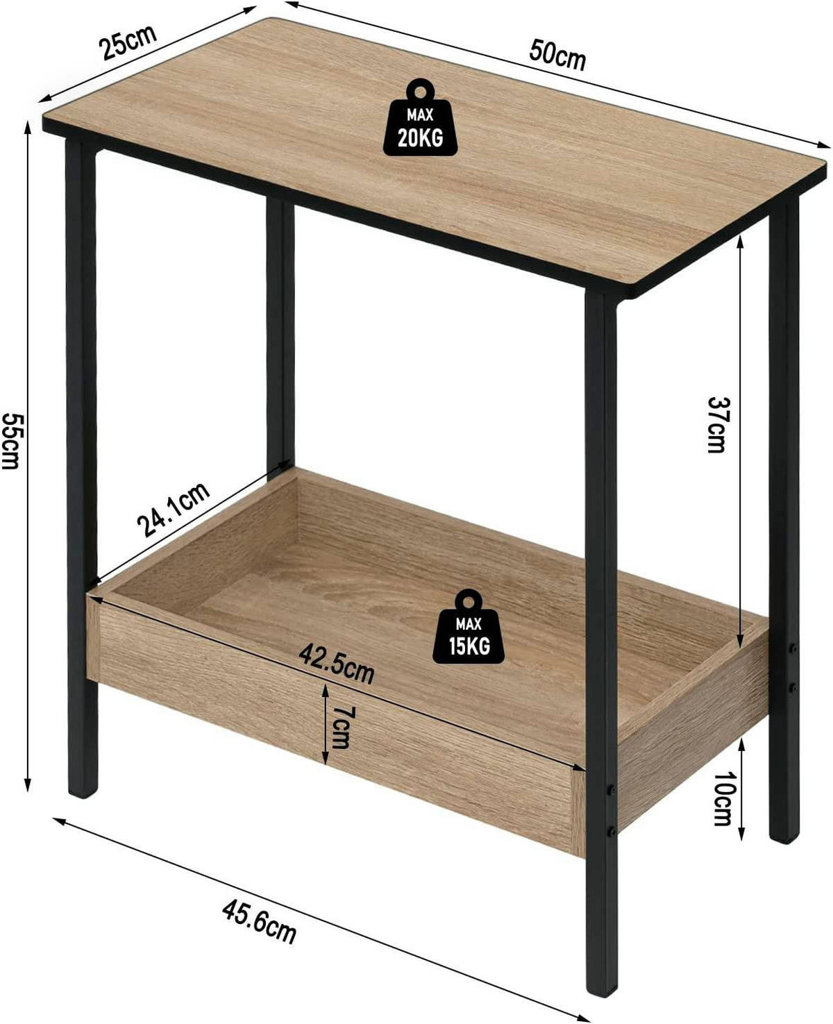 BEISTELLTISCH mit Ablage, Helle Eiche + Schwarz - Eichefarben/Schwarz, Holzwerkstoff/Metall (25/50/55cm) - Woltu