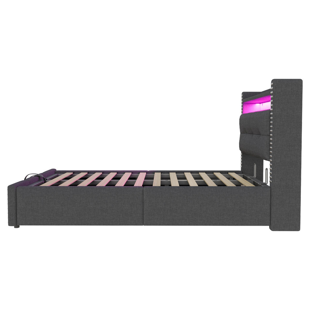 KINDERBETT 90/200 cm in Grau Leinen mit Bettkasten, LED, USB und Regal - Grau, Holzwerkstoff/Textil (90/200cm) - WISHDOR