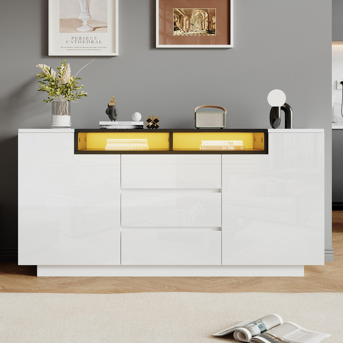 SIDEBOARD 140x40x65cm Mit 3 Schränken 4 Türen LED & Farbblockierung - Weiß, Holzwerkstoff (40/68/140cm) - FLIEKS