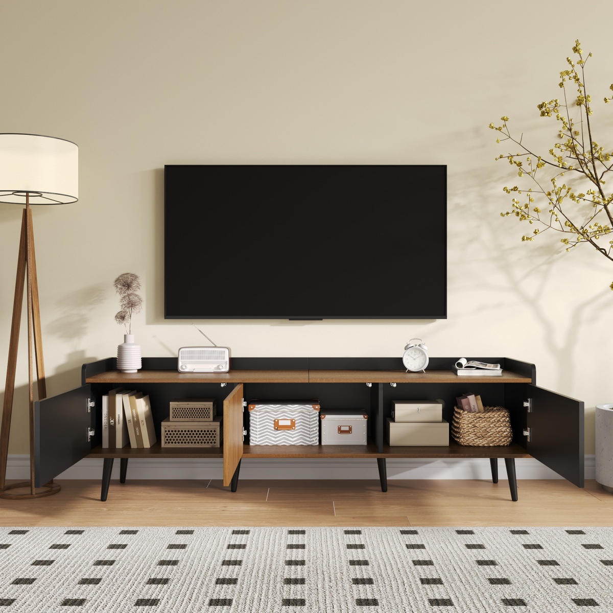 TV Lowboard 160x39x49,5 cm, 3 Türen, Schwarz Natur - Schwarz, Holz (160/49/39cm)