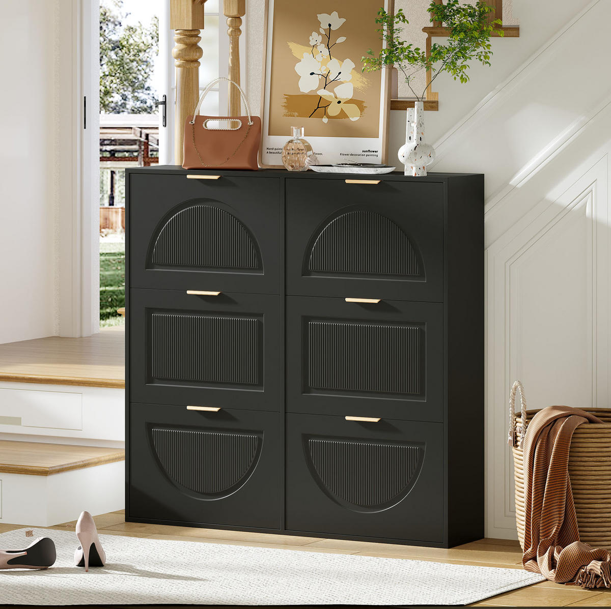 SCHUHSCHRANK 118/25/115 cm mit 6 Klappen, schmales Design in Schwarz - Schwarz, Holzwerkstoff (118/115/25cm) - BEAOK