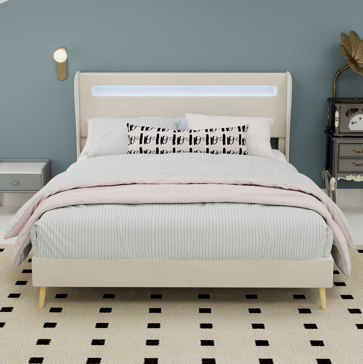 POLSTERBETT 140/200 cm beige aus Stoff und Metall mit LED-Kopfteil - Beige, Textil (140/200cm) - OKWISH