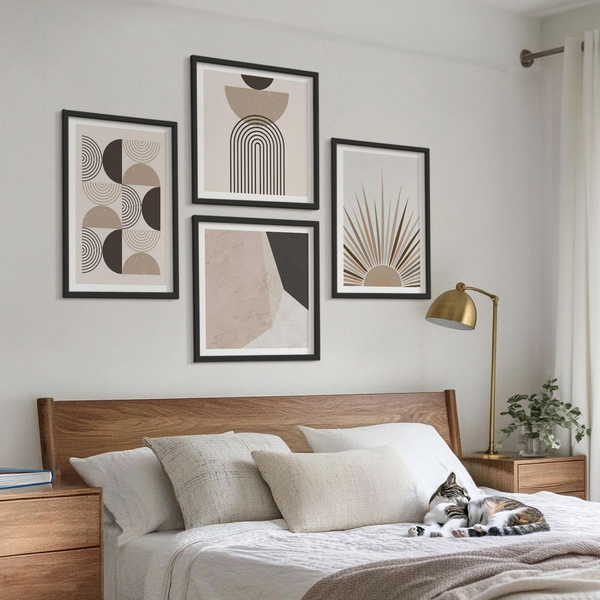 BILDER SET 4er Set - 50x50 cm & 40x60 cm Schwarzer Rahmen - Abstrakte beige und braune Formen - Schwarz, Kunststoff (50/50cm) - TULUP