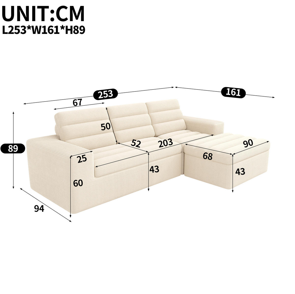 ECKSOFA 253/161/89 cm beige aus Cord mit modularer Form - Beige, Textil (161/253cm) - OKWISH