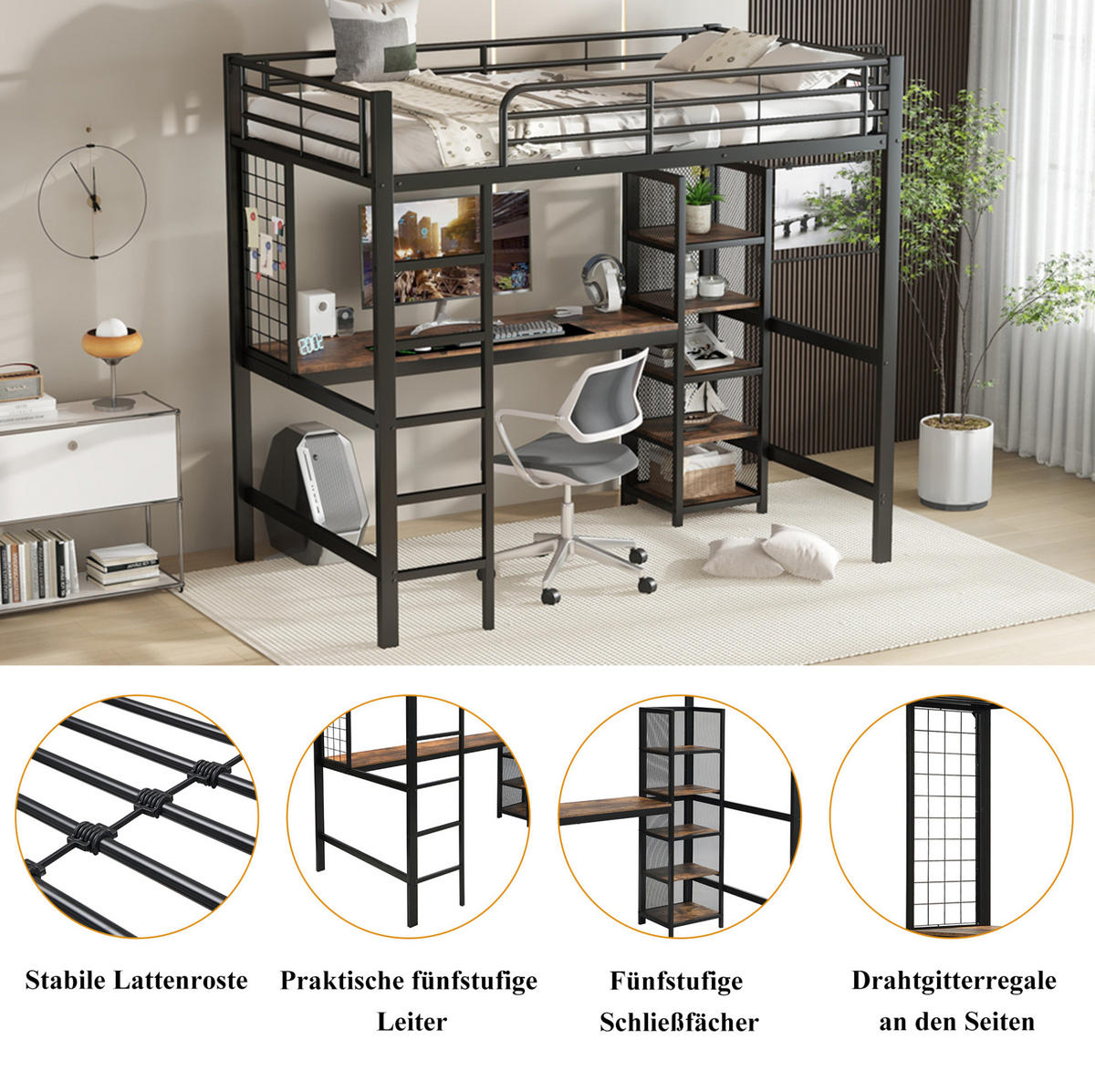 HOCHBETT 90/200 cm schwarz aus Metall mit Tisch und Regal mit Metallgitter - Schwarz, Holzwerkstoff (90/200cm) - OKWISH