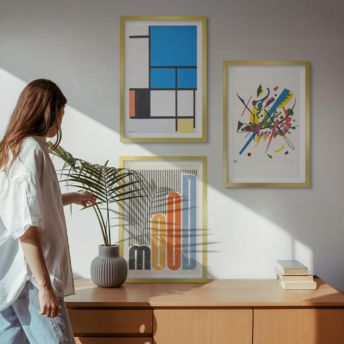 BILDER SET 3er Set - 40x60 cm Goldrahmen - Abstrakte moderne Geometrie - Goldfarben, Kunststoff (40/60cm) - TULUP