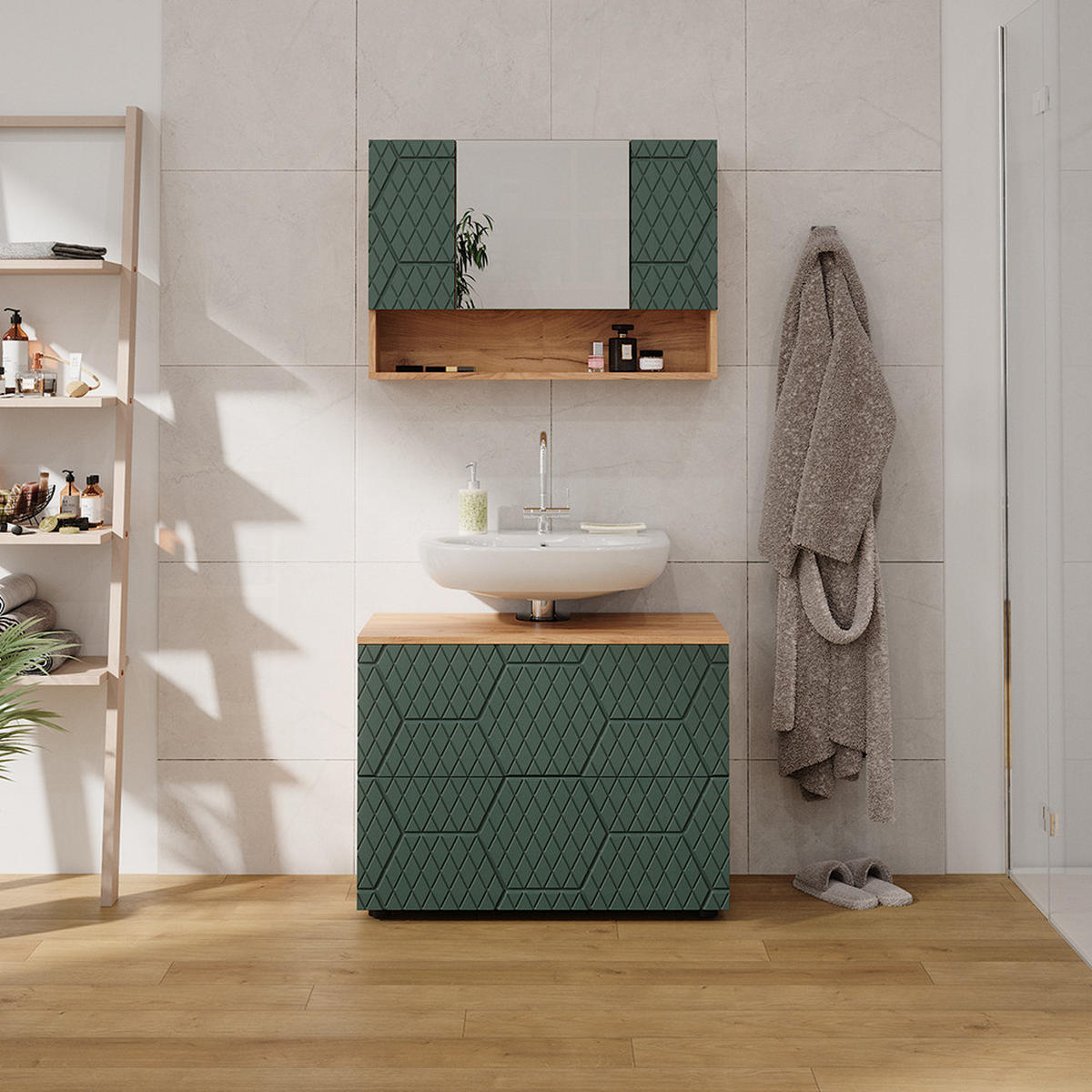 BADMÖBEL-SET Irma Grün 2 Teile, Unterschrank 80 cm - Eiche Wotan/Grün, Holzwerkstoff (80/58.6/41cm) - Vicco