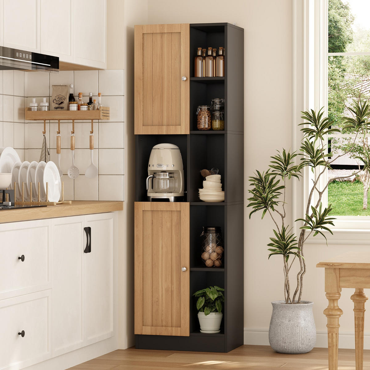 KÜCHENSCHRANK, 50/170/35,5 cm, MDF, Anthrazit-Eiche, mit 6 offenen Regalen und 2 Türen, für Esszimmer - Schwarz, Holzwerkstoff (35.5/170/50cm) - Rolipo